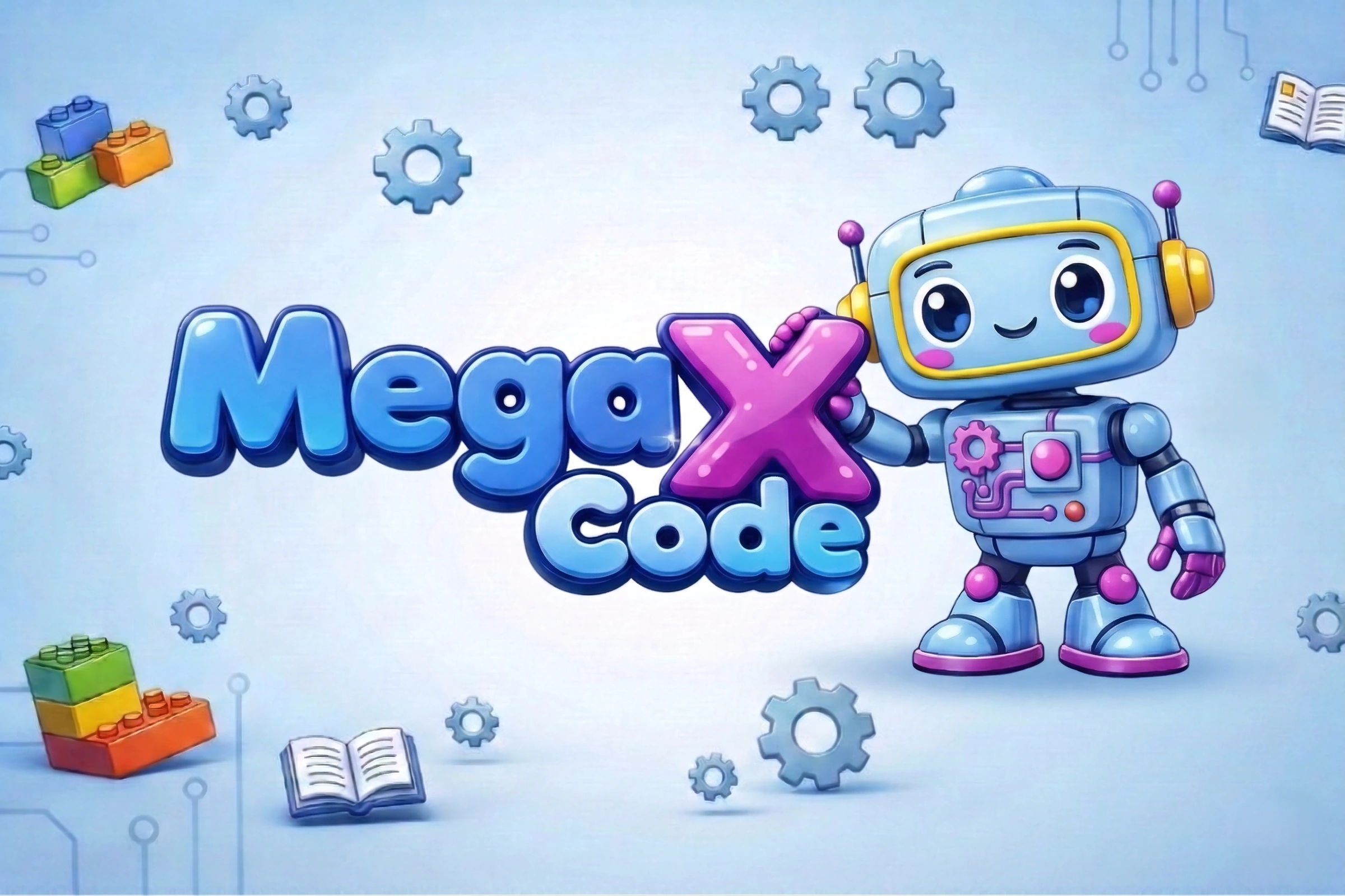 MegaX Code: marca azul e rosa e mascote original em um universo de engrenagens, circuitos e blocos