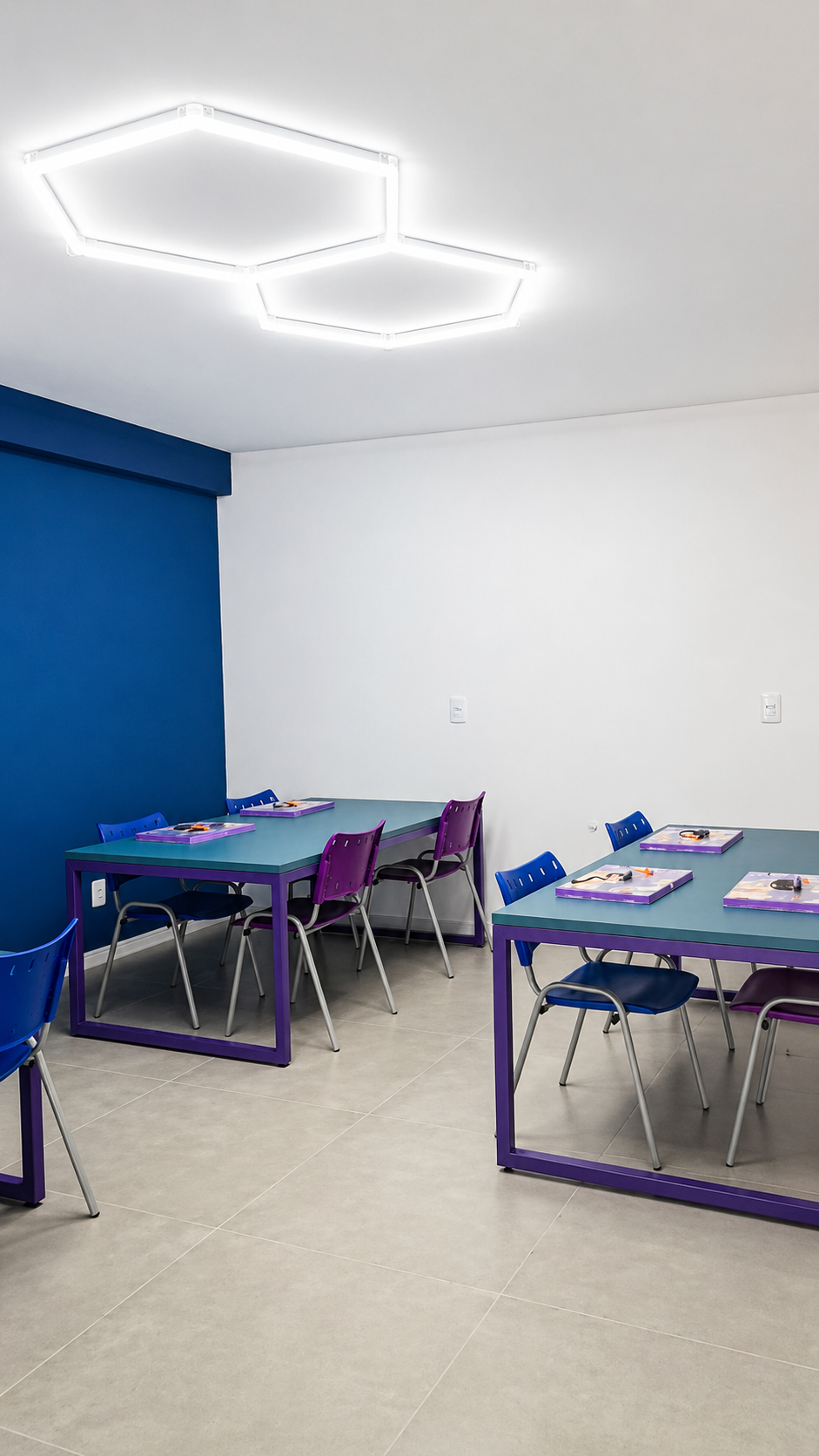 Sala de aula da MegaX Code com mesas e kits de robótica